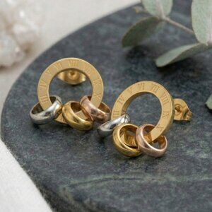 Tri Color Roman Numeral Circle Stud Earrings Hypoallergenic Stainless Steel